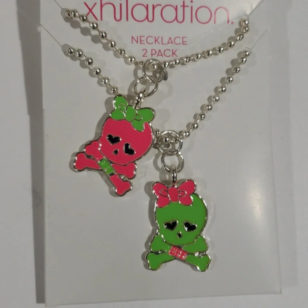 Xhilaration Silver Skull Charm Necklace Set Of 2 - Pink & Green Matching Jewelry
